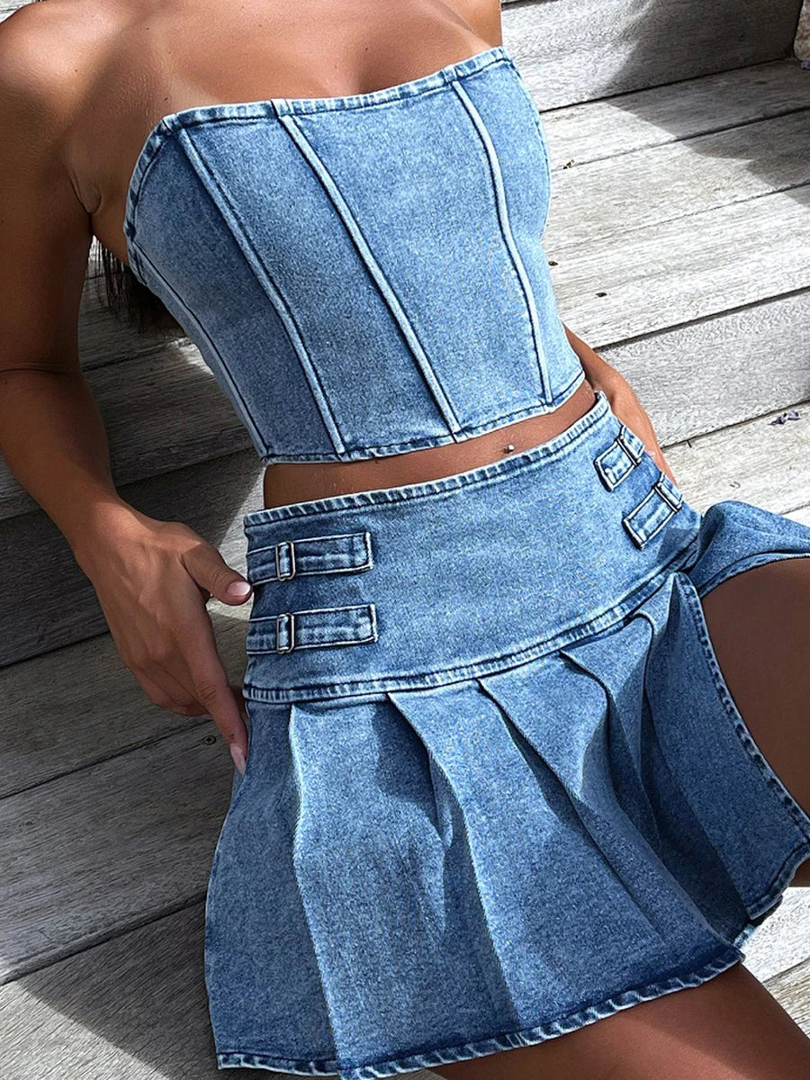 Denim Crop and Skirt Two Piece