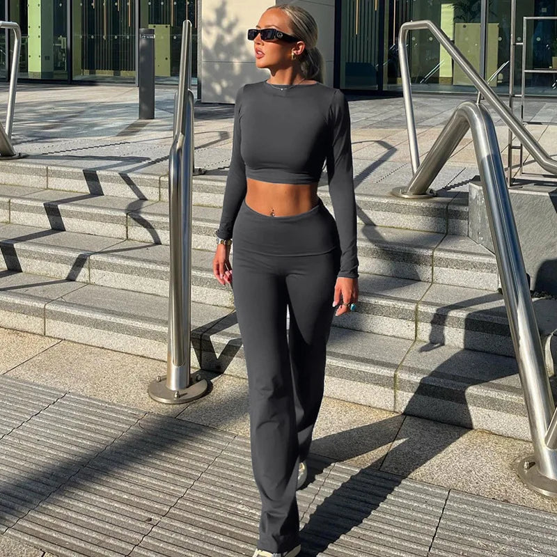 Women 2 Piece Long Sleeve Crop and Flare Pants