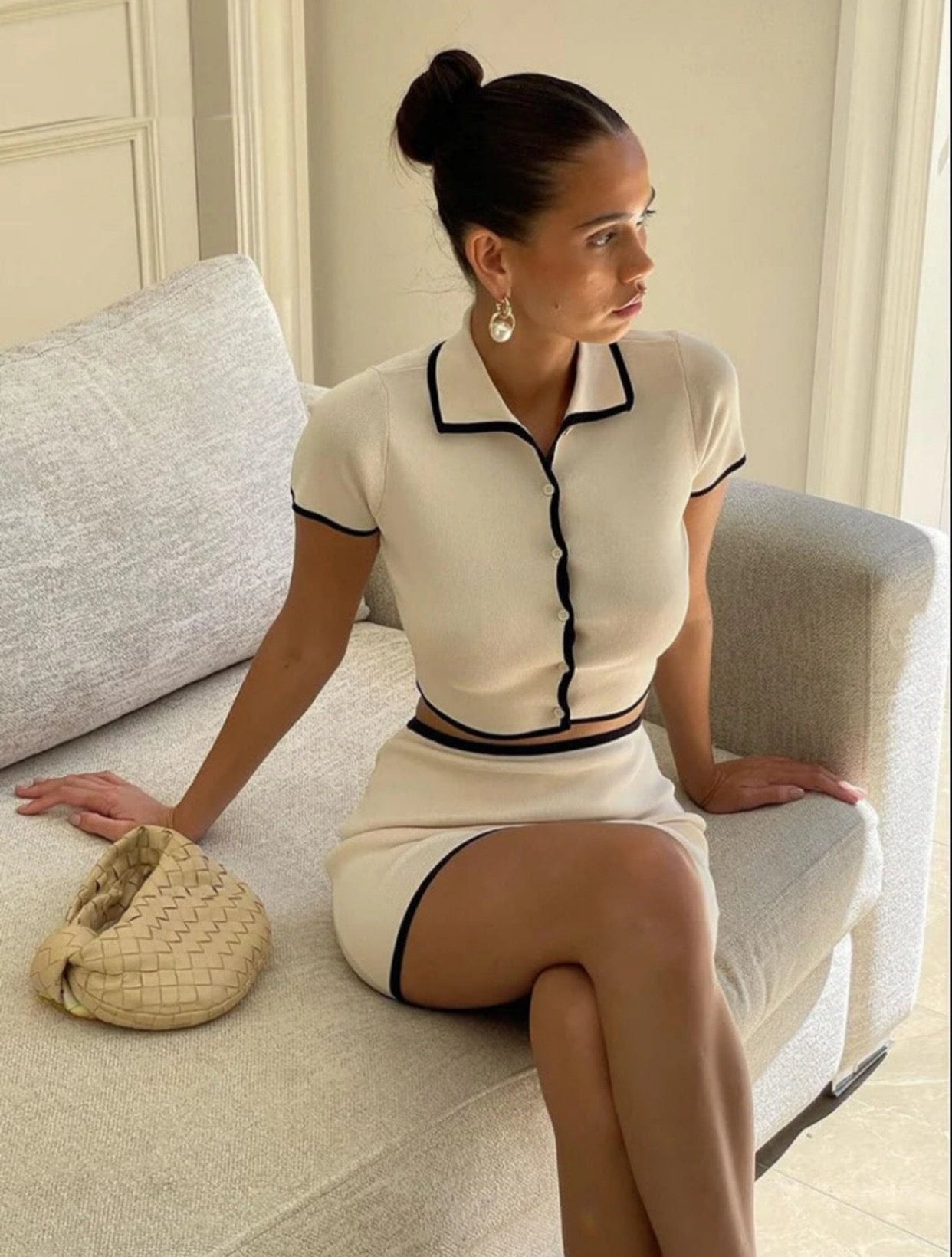 Elegant 2 Piece Set Polo Neck Crop Tops and Mini Skirt