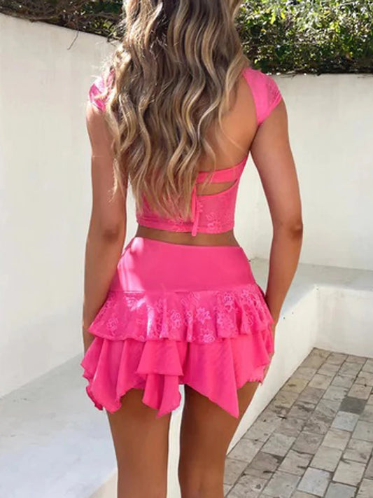 Women's Two Piece Lace up Crop Top and Ruffled Mini Skirt